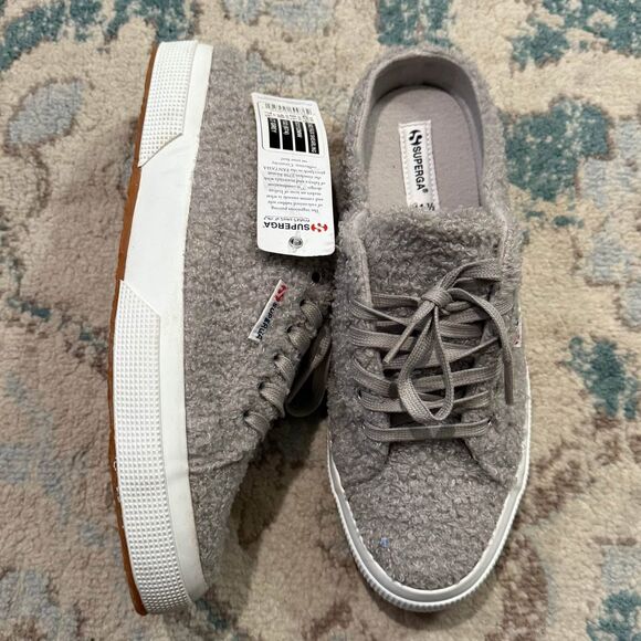 NWT Superga Ecru Faux Shearling Slip-On Lace Up Sneakers size 10 - Picture 1 of 9